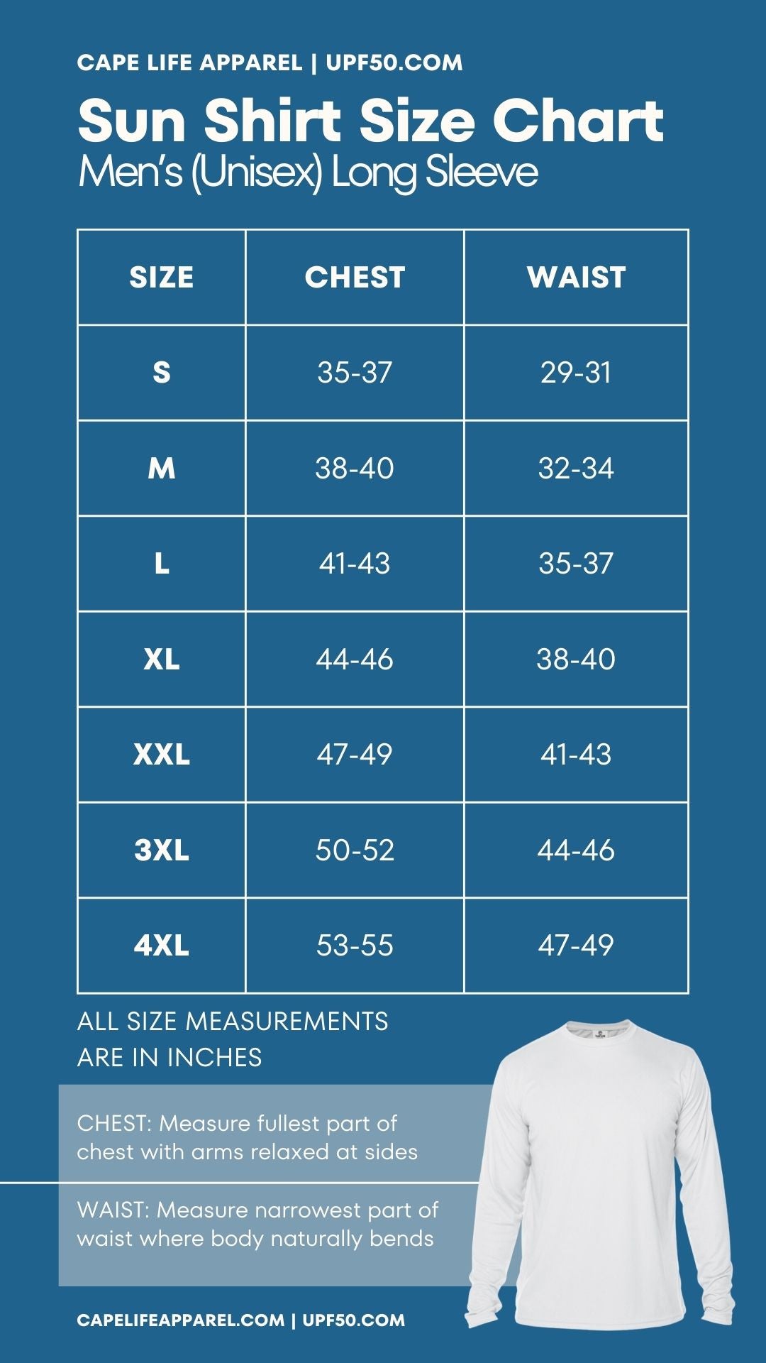 Cape Life Sun Shirt Size Charts Cape Life Apparel Cape Life Sun Shirt Size Charts Cape Life Apparel